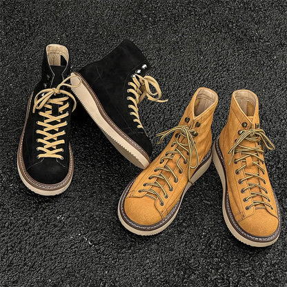 New High Quality Handmad Men Luxury Real Cow Suede Leather Shoes Tooling Ankle Boots Desert Platform Boots Work Motorcycle Boots