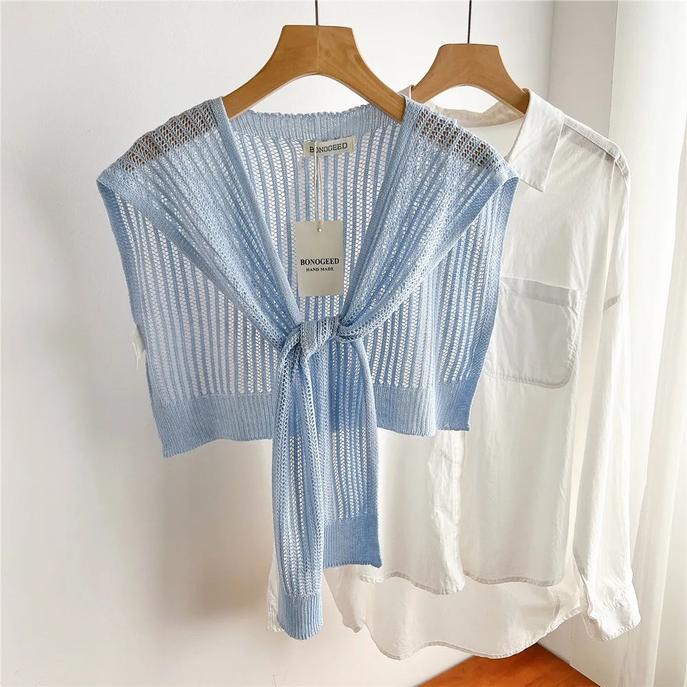 Women Plain Solid Lace Hollow Out Shawls Summer Air Conditioning Fake Collar Neck Guard Knit Thin Knotted Cape Shoulder Scarves