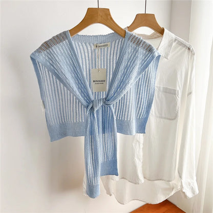 Women Plain Solid Lace Hollow Out Shawls Summer Air Conditioning Fake Collar Neck Guard Knit Thin Knotted Cape Shoulder Scarves