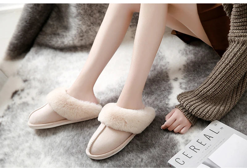 2025 Winter Warm Home Fur Slippers Women Luxury Faux Suede Plush Couple Cotton Shoes Indoor Bedroom Flat Heels Fluffy Slippers
