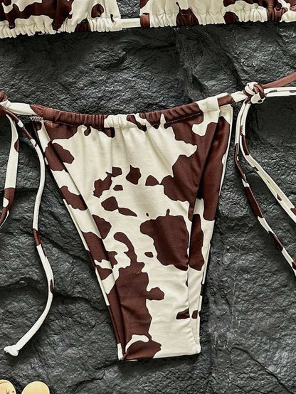 Women Bikini Set 2026 Summer Brown White Cow Print Halter Triangle Tie Side String Sexy Swimwear Female Beach Vacation Bathing S