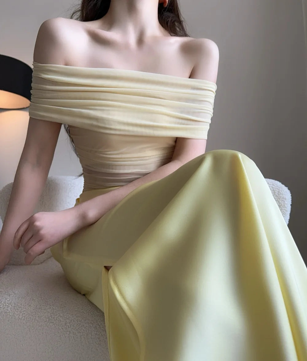 MsChuh Summer Party Dresses For Woman One-shoulder Long Evening Dress Sexy Holiday French Vestidos Solid Color Temperament Slim