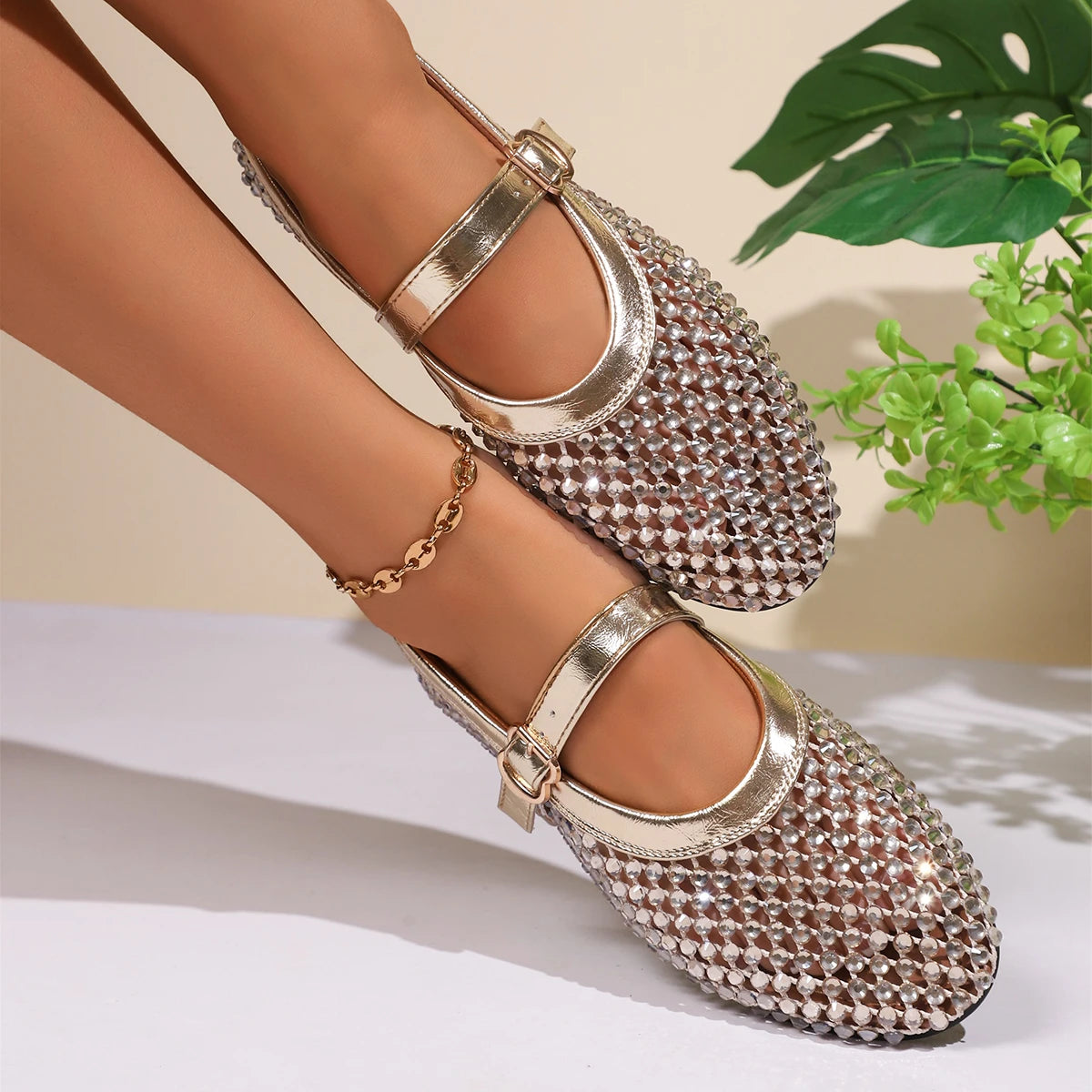 Summer Rhinestone Mesh Hollow Sandals Plus Size 43 Women Flats Shallow 2024 New Mary Jane Shoes Comfort Luxury Female Flat Shoes