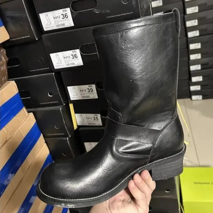 Retro Genuine Leather British Long Chelsae Boots Knee High Buckle Strap Riding Botas Moto Thick Heel Engineer Boots