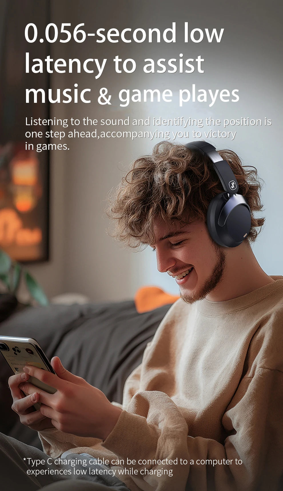Hybrid ANC Over-Ear Bluetooth Headphones, Spatial Audio 3D Surround Sound Low Latency Gaming Headset with 70H Playback, Mics Noise Canceling Wireless Headphones with Touch Control & Hearing Protection
