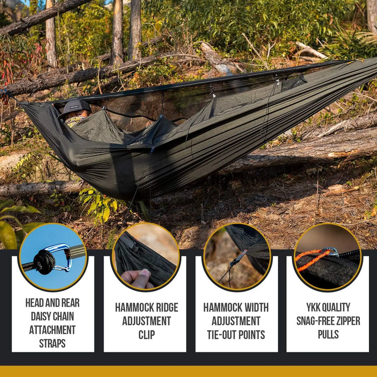 Camping Hammock with Net, Lightweight Portable, Warm Internal Cover, Tree Friendly Straps