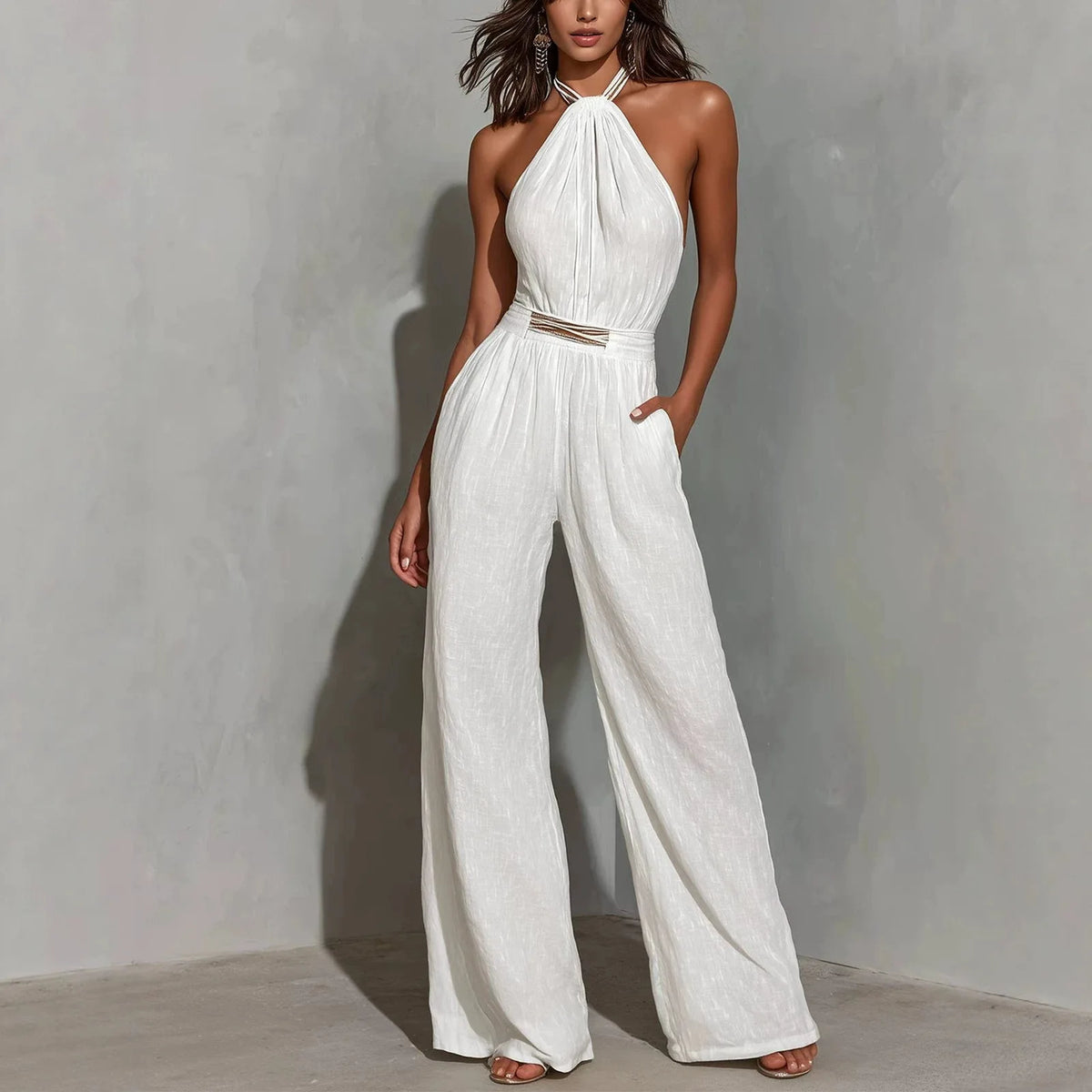 Women's Lace-Trimmed Comfortable Casual Woven Jumpsuit Elastic Waist Wide Leg Jumpsuit for Spring Autumn