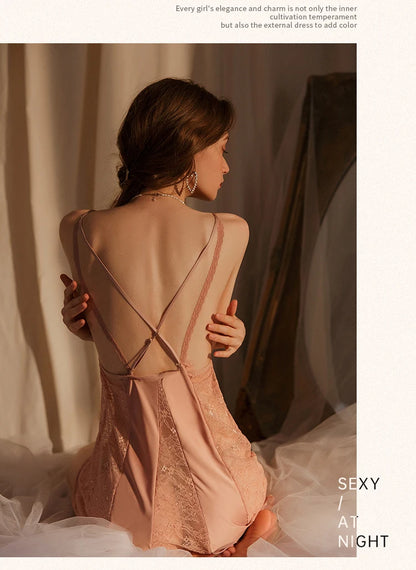 Satin Nightgown Front Buckle Lace Spaghetti Strap Night Dress Pajamas Women's Sleepwear Ice Silk Nightdress with Chest Pad