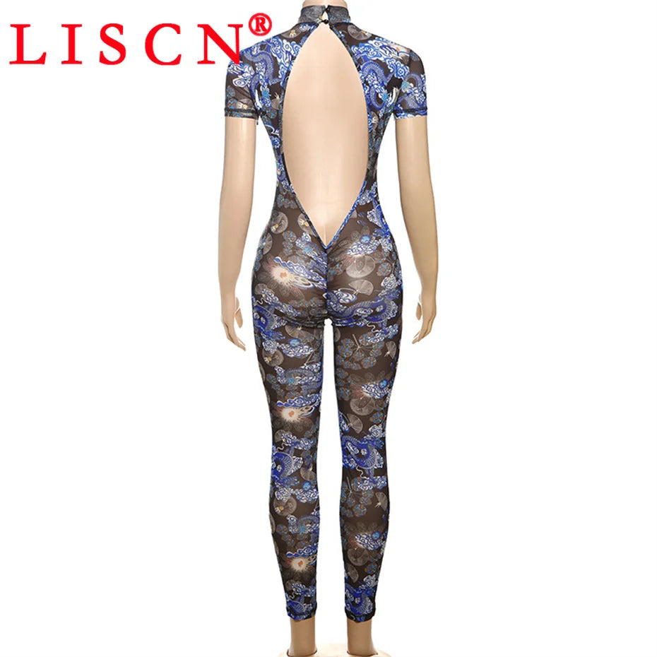 10 Wholesale Items Jumpsuits Women Summer 2025 Short Sleeve Bodycon Sexy Y2k Printing Mesh See Through Backless Rompers K15151