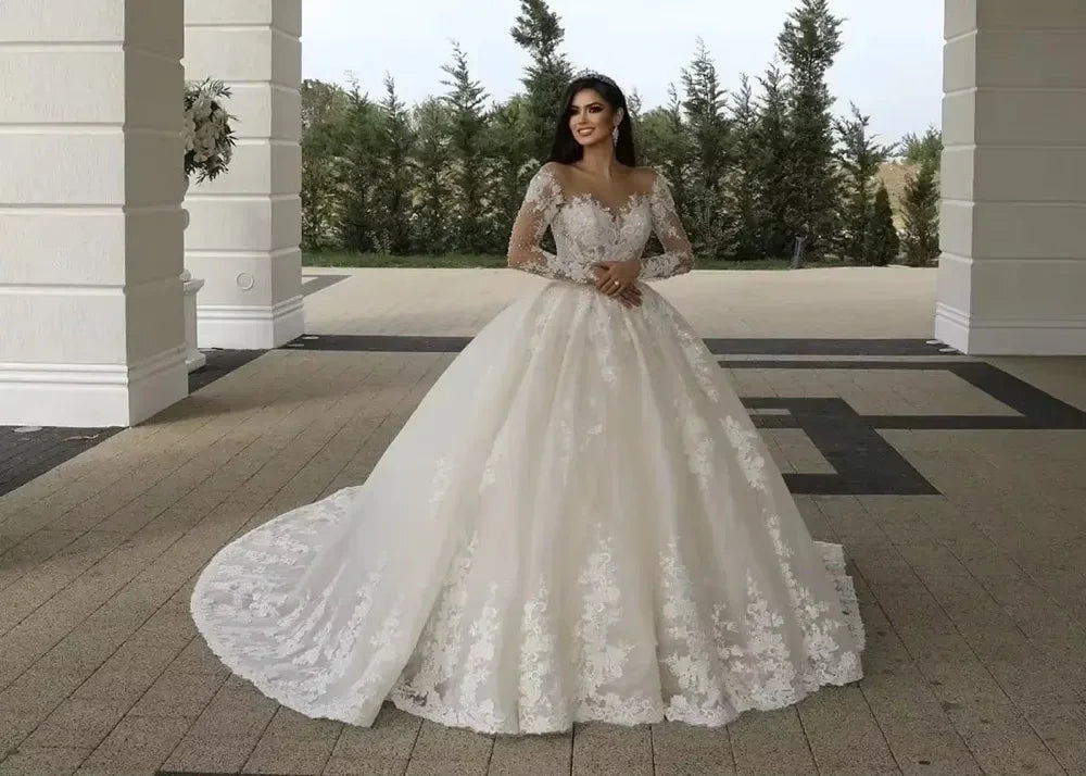 Customized Illusion Neck Wedding Dresses Long Sleeve Lace Bride Dress Ball Gown Women Vestidos de novia amanda novias oficial