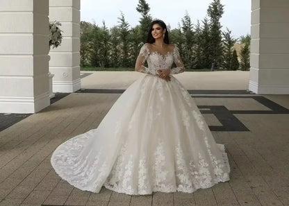 Customized Illusion Neck Wedding Dresses Long Sleeve Lace Bride Dress Ball Gown Women Vestidos de novia amanda novias oficial