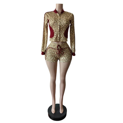 Leopard Print Night Club Shorts Outfit Set Sexy Women Skinny Two Pieces Sports Matching Set Casual Tracksuit Set