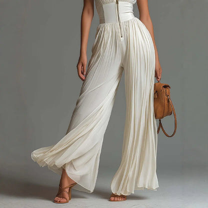 Elegant Stand Collar Zipper Pleated Jumpsuit Women's Solid High Waist Wide Leg Romper Summer Sleeveless Vacation Overalls