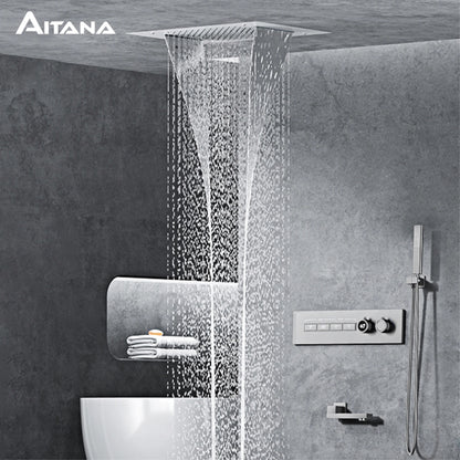 Luxury Black Brass Shower System Wall-Mounted LED Digital Display Design Cold & Hot Dual-Control 4-Function Ceiling Shower Tap