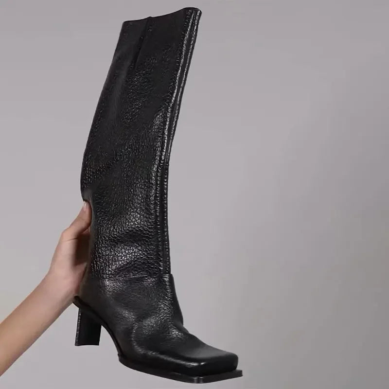 2026New Fashionable Square Head High Heels Women's Knee Length Boots with Side Zipper Stone Pattern Women's Mid Length Boots