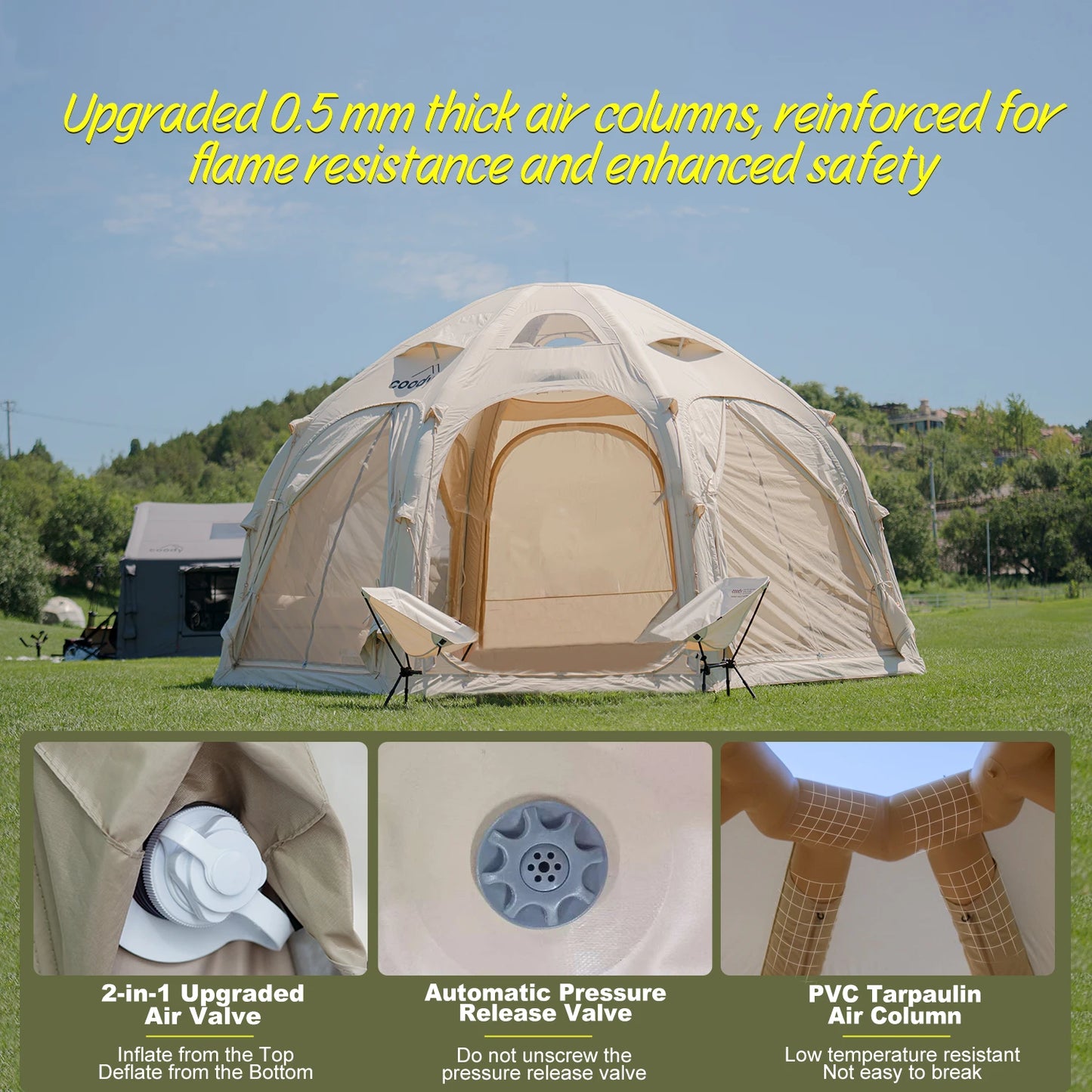 Classic Waterproof Geodesic Coody Dome Beige Inflatable Tent Family Outdoor Glamping Canopy Air House Tent