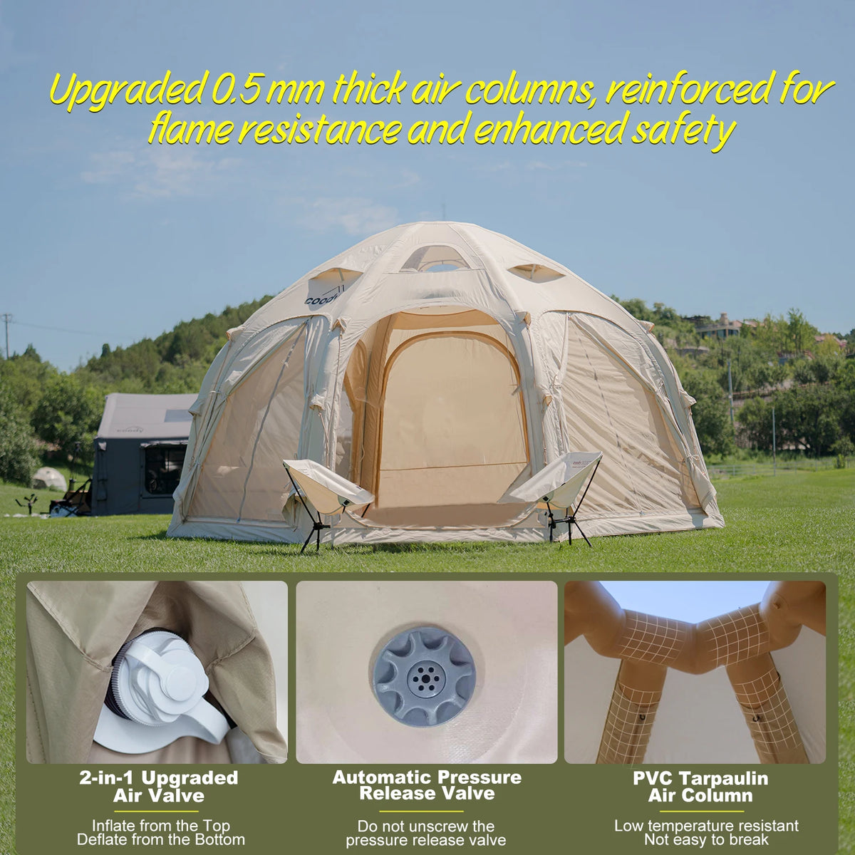 Coody Beige Dome Air Tent, 2-4 Person Classic Geodesic Inflatable Tent For Family Glamping Camping