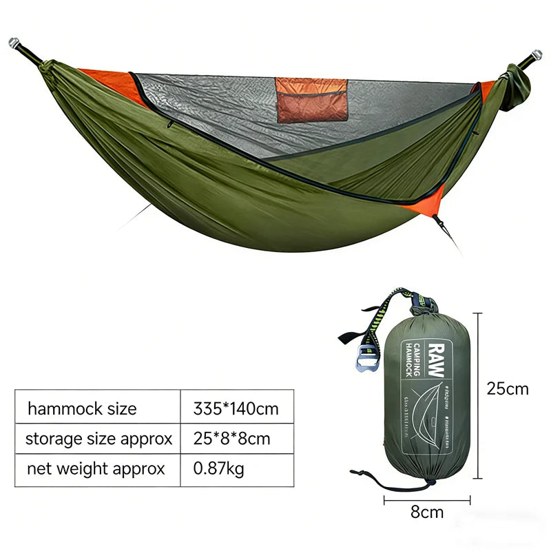 TRAVELER Bushcraft Quick-Deploy Hammock with Mosquito Net, Integrated Ridgeline & Anti-Roll Design for Wilderness Camping
