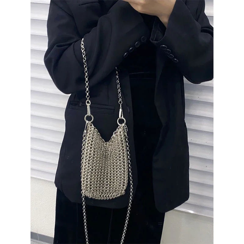 Metallic Hauberk Shoulder Bag Woven Ring Tote Chain Mail Designer Purses and Handbags Handmade Hollow Crossbody Bags for Women