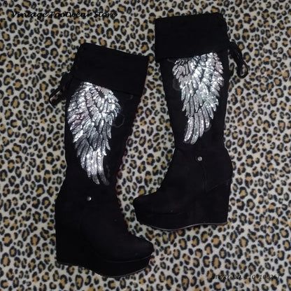 Sequins Angle Wings Knee-high Boots Fashion Round Toe Hight Wedges Platform Shoes Street Style Glittering Trending Suede Boots