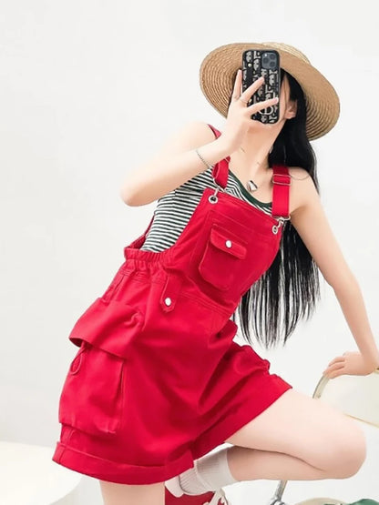 Red Denim Overalls for Women Summer Adjustable Straps Loose Wide Leg Shorts Solid Color Casual Streetwear Short Rompers