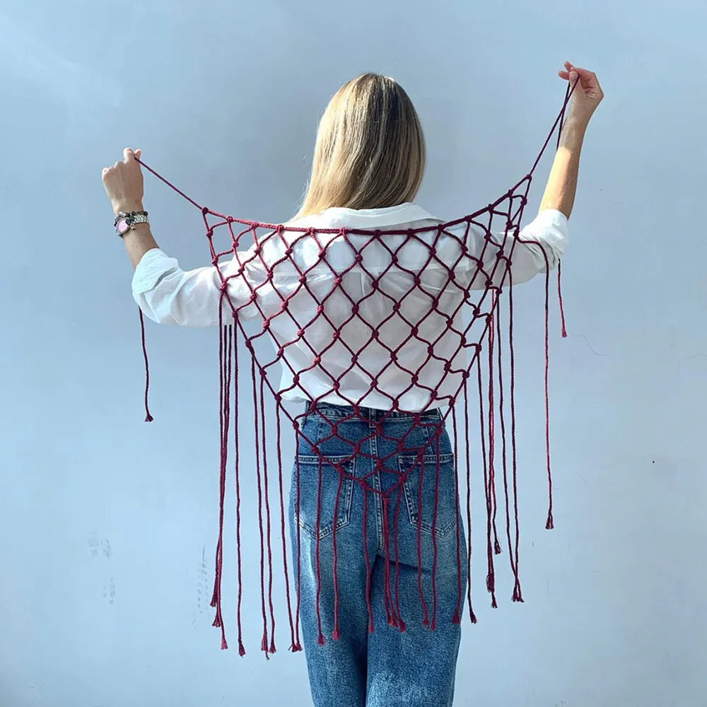 Bohemian Bikini Cover Up Skirt Netted Fringe Scarf Shawl Decorative Tassel Ethnic Handwoven Mesh Tassel Waistband Butt Curtain