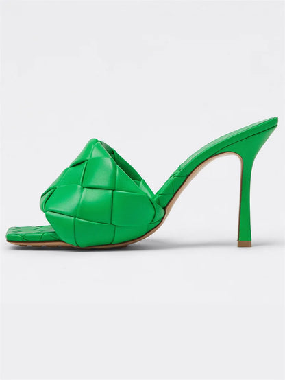 New 2026 Summer Fashion Women's Slippers PU Leather Square Toe Sandals for Women Fluorescent Yellow Fine Heel Ladies High Heels