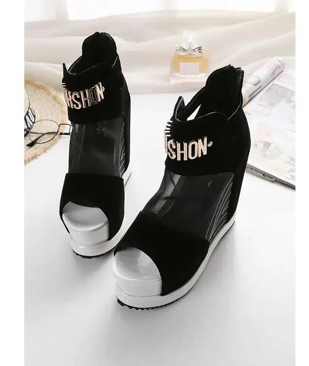New Flock Ankl Boots Shoes Women Summer Sexy Hollow High Slope With The Fish Mouth Single Shoes Thick Bottom Wedges Short Boots