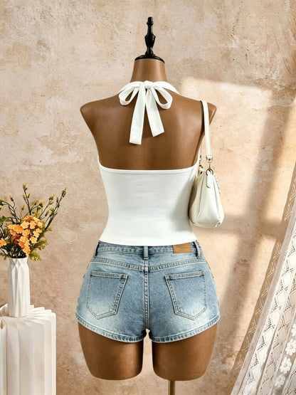 Women Halter Deep V Cross Wrap Side Ruched Slim Crop Camisole 2026 Summer Y2K Solid White Sleeveless Casual Daily Tank Top