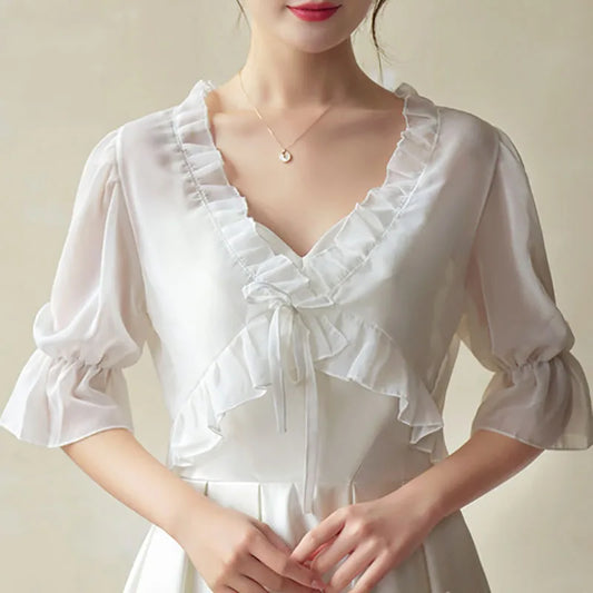 Spring, Summer, and Autumn Chiffon Lace Up Shirt, Shawl, Camisole, Thin Design, Sexy Solid Color, Loose Fit, Sweet Matching, Wed