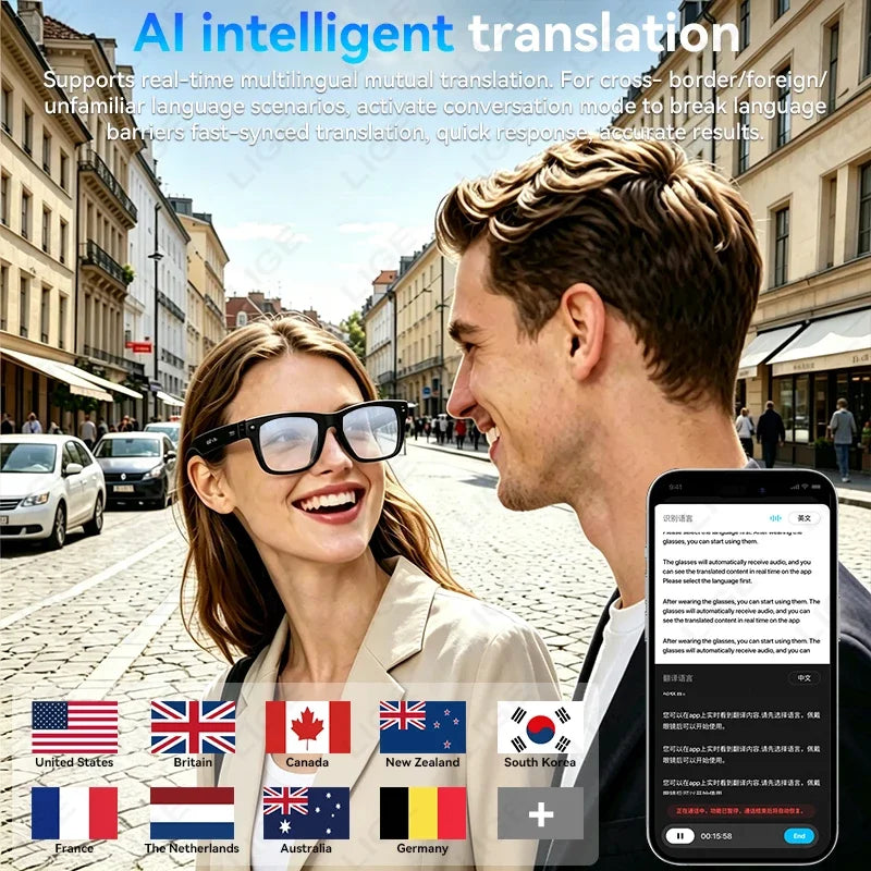 Smart Glasses 13MP HD Camera 4K Video Antishake Recording AI Translation Bluetooth Call Music Photo Recognition Sport Sunglasses