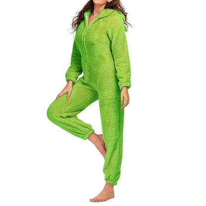 Women Winter Warm Plush Romper Pajamas Solid Color Long-Sleeve Zipper High Neck Hooded Homewear S/M/L/XL/2XL