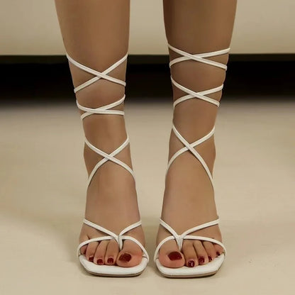 Summer Women's Sandals Flip Flop Lace Up High Heels Elegant Plus Size Square Head Party Shoes Fashion Luxury Shoes for Women New