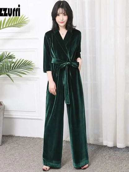 Nerazzurri Spring Autumn Long Soft Flowy Red Velvet Jumpsuit Women with Sleeves Sashes Maxi Black Wide Leg Floor Length Clothes