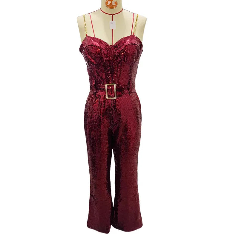 Fashion Wide Leg Sequin Jumpsuits Women Spring Backless Sleeveless Overall with Belt Female Elegant High Waist Chic Streetwear