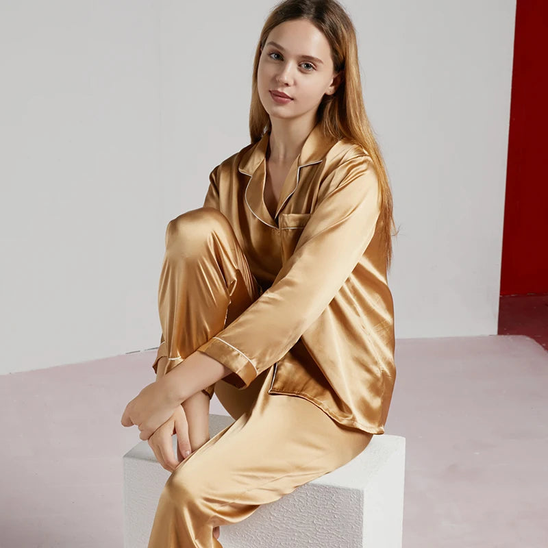 19MM 100% Mulberry Silk Pajamas Women Silk Sleepwear Lady Long-sleeved TrousersTwo-piece Spring Summer  Loose Sexy Home Clothes