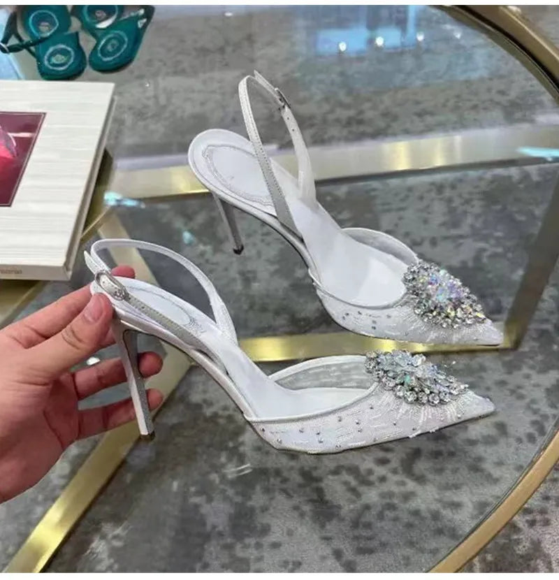 Luxury Diamond Pearls Lace Mesh Women Pumps Elegant Pointed toe Thin High heels Fashion Summer Slingbacks Wedding Party Shoes