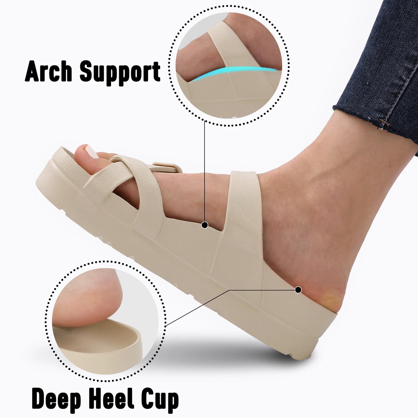 Shevalues Casual Women's Sandals With Arch Support Anti-slip Fashion New Slides Soft Sole Beach Slippers With Adjustable Buckle