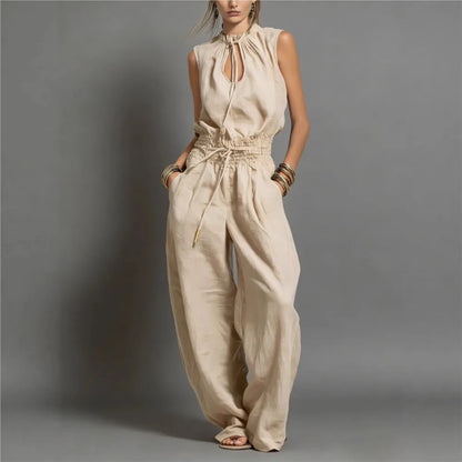 Summer Fashion Elastic Waisted Wide Leg Jumpsuit Women's Sleeveless Sexy Deep V-Neck Lace-up Loose Pockets Female Rompers 2026