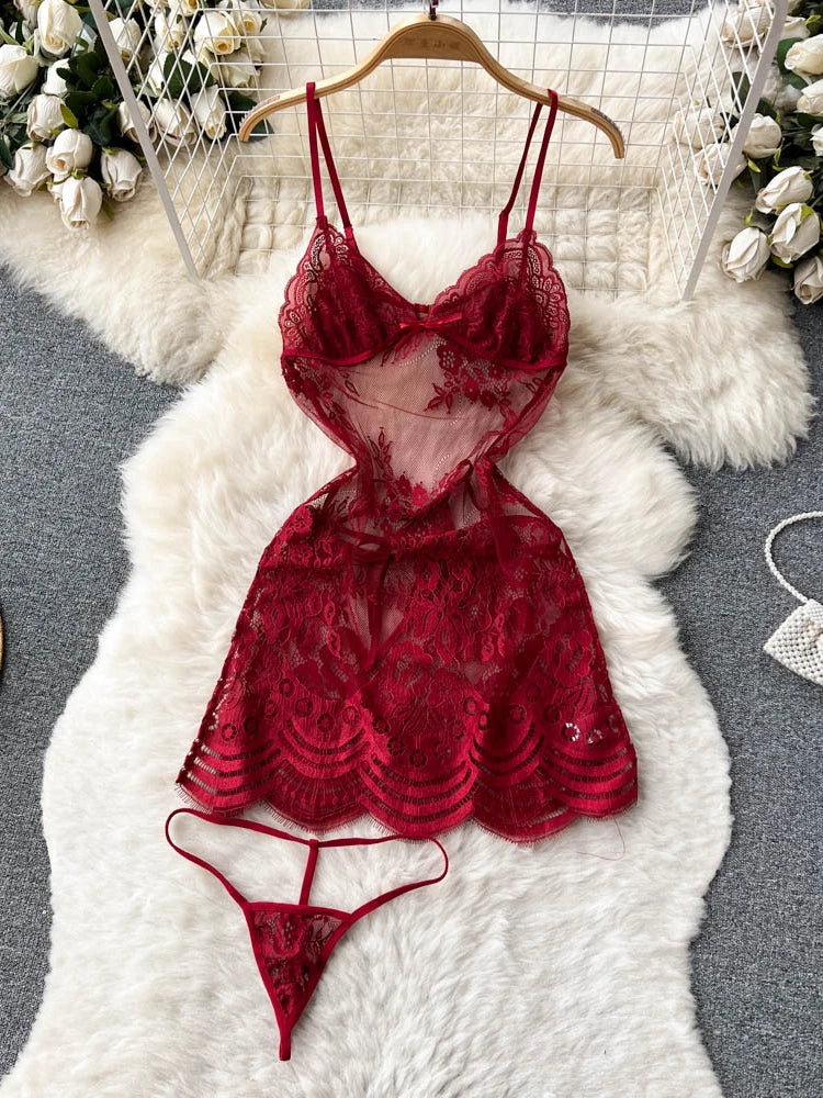 Coquette Lace Lingerie Set Sexy Mesh Bodysuit Valentines Day Sleepwear Gothic Strappy Catsuit Intimate Nightwear Romper