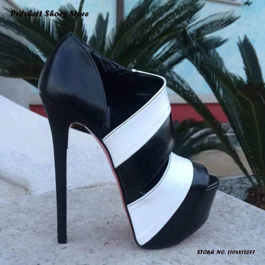 Women's Black and White Platform Pumps Spring Summer Splicing Cut Out Stilettos Elegant Round Open Toe Thin Heels Pull On Shoes
