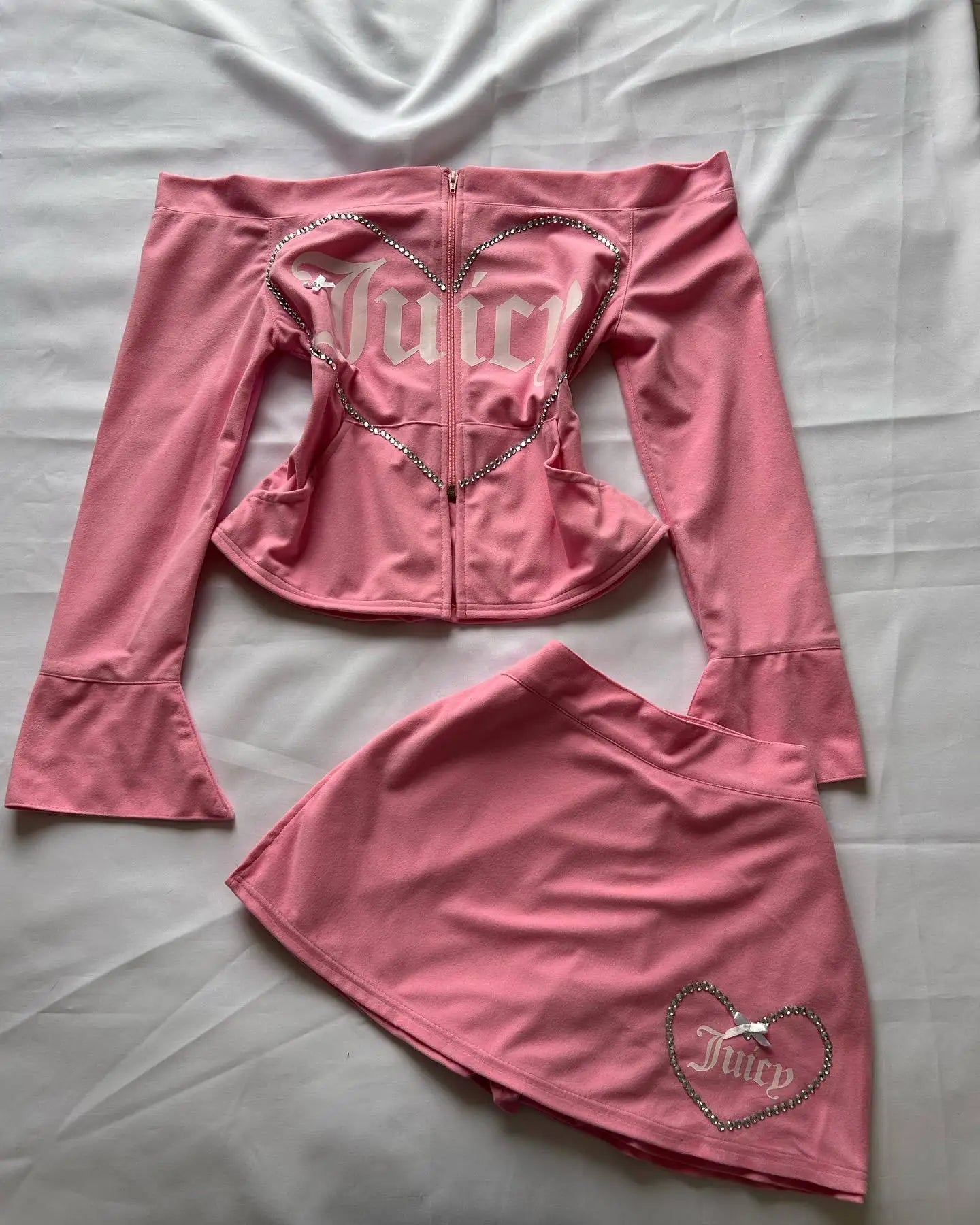 Y2K Pink High Waist Mini Skirt with Rhinestone Heart Juicy Logo Bow Soft Velour A-line Preppy Kawaii Streetwear for Women