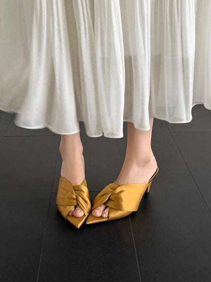 Women's Summer Sandals Luxury Satin Elegant Lady Pumps And Heels Peep Toe Dresss Party Wedding Shoes Pleated Sandal