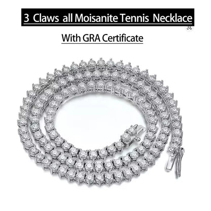 Serenity 3 Claw D Color Moissanite Tennis Necklace for Women Men 100% S925 Sterling Silver Lab Diamond Luxury Neck Chain Jewelry