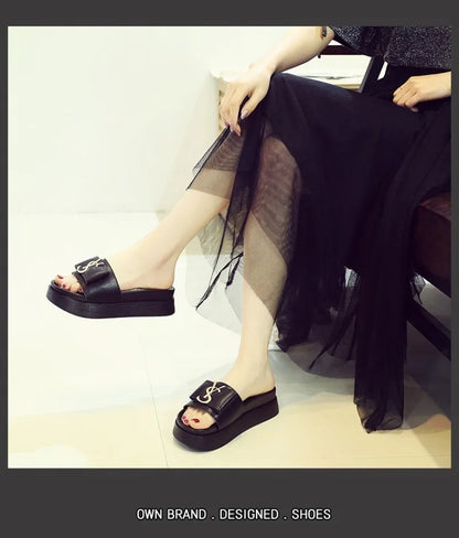 2025 Summer New Women's Fashion Letter Designer Sandals Casual Thick Bottom Round Toe Leather Beach Shoes Женские Сандалии