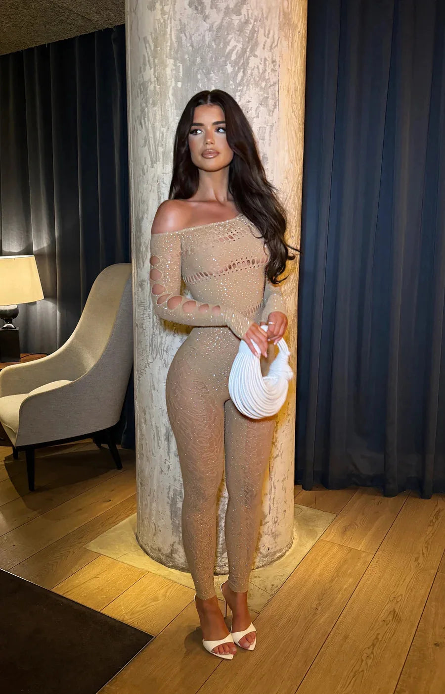 FAGADOER Spring Summer New Sexy Jumpsuits Women See Through Hollow Out Rhinestone Patchwork Rompers Female Streetwear Overalls