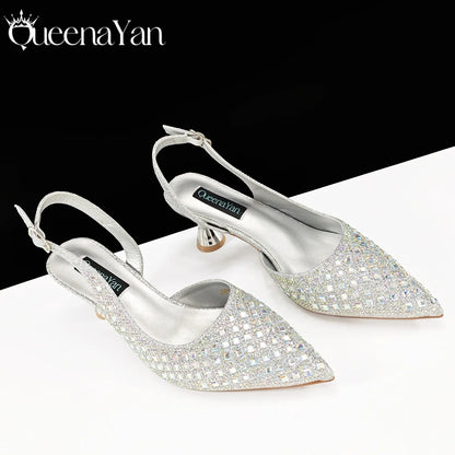 Queena Yan 2026 Italian Design Rhinestone Luxury Navy Blue Pointed Toe Shoe & Bag Set Women High Heels for Parties High Quality