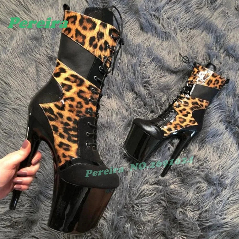 Leopard Print Platform Ankle Boots Round Toe Stiletto High Heels Lace-Up Women's Boots Patchwork Winter Casual Shoes Luxury
