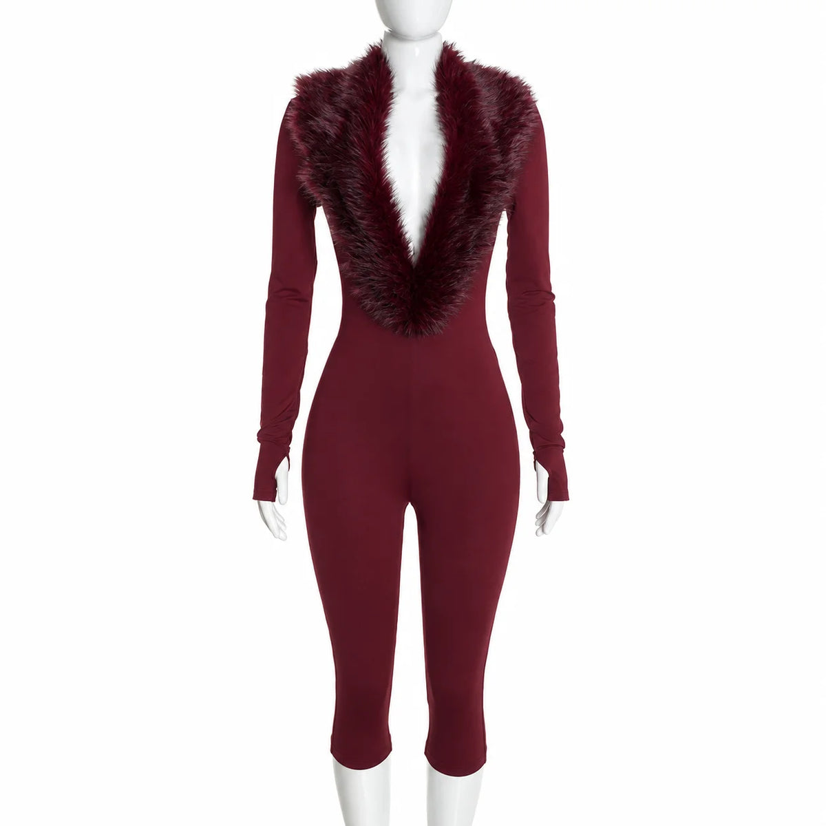 FAGADOER Women Bodycon One Piece Jumpsuit Faux Fur Patchwork Trim Deep V Long Sleeve Stretch Slim Fit Sexy Streetwear Outfit New