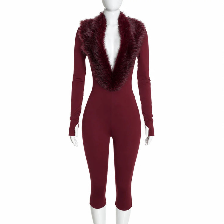 FAGADOER Women Bodycon One Piece Jumpsuit Faux Fur Patchwork Trim Deep V Long Sleeve Stretch Slim Fit Sexy Streetwear Outfit New